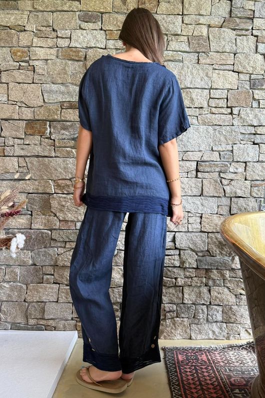 Benji Linen Wave Y Tee Navy